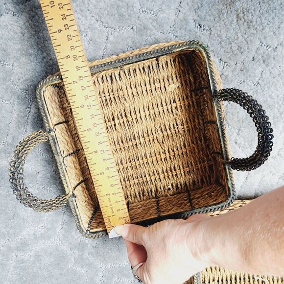 Square Wicker Nesting Baskets LOT OF 2 BLACK METAL HANDLES TRIM rustic cottage - Picture 6 of 11
